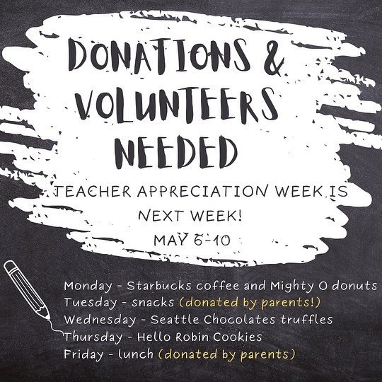 Sign-up to volunteer and/or bring items for Teacher Appreciation Week! Link in our bio