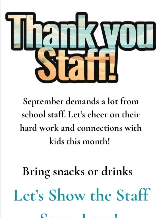 Teacher Appreciation Day Thursday, September 25th!
If you want to volunteer, click here: https://www.signupgenius.com/go/10C0E4DADAB2FA2F94-58491876-snacks#/
