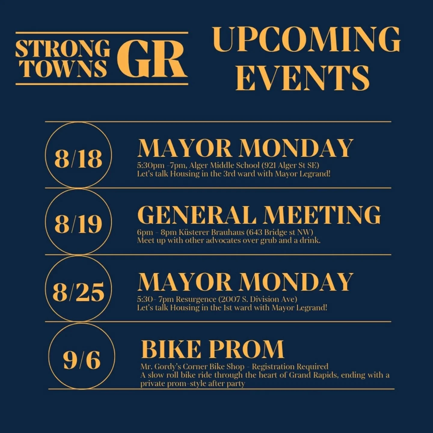 Lots of upcoming events over the next few weeks. Join @grandrapidsbikeprom  on 9/6 for a great celebration of bike culture in GR!