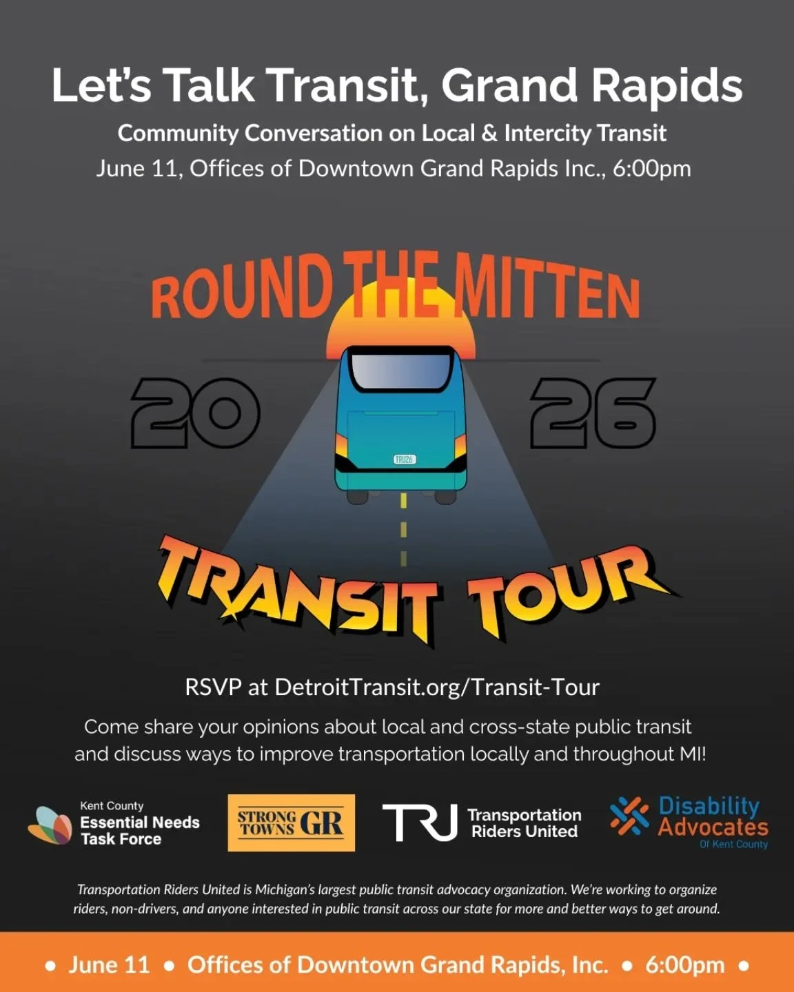 Join @detroittransit, DAKC, ENTF and STGR for an evening of conversation, a community bus ride, and a drink on June 11th, starting at 6PM. 

We will be meeting at DGRI's office (29 Pearl Street NW) for a presentation and conversation on state wide pu