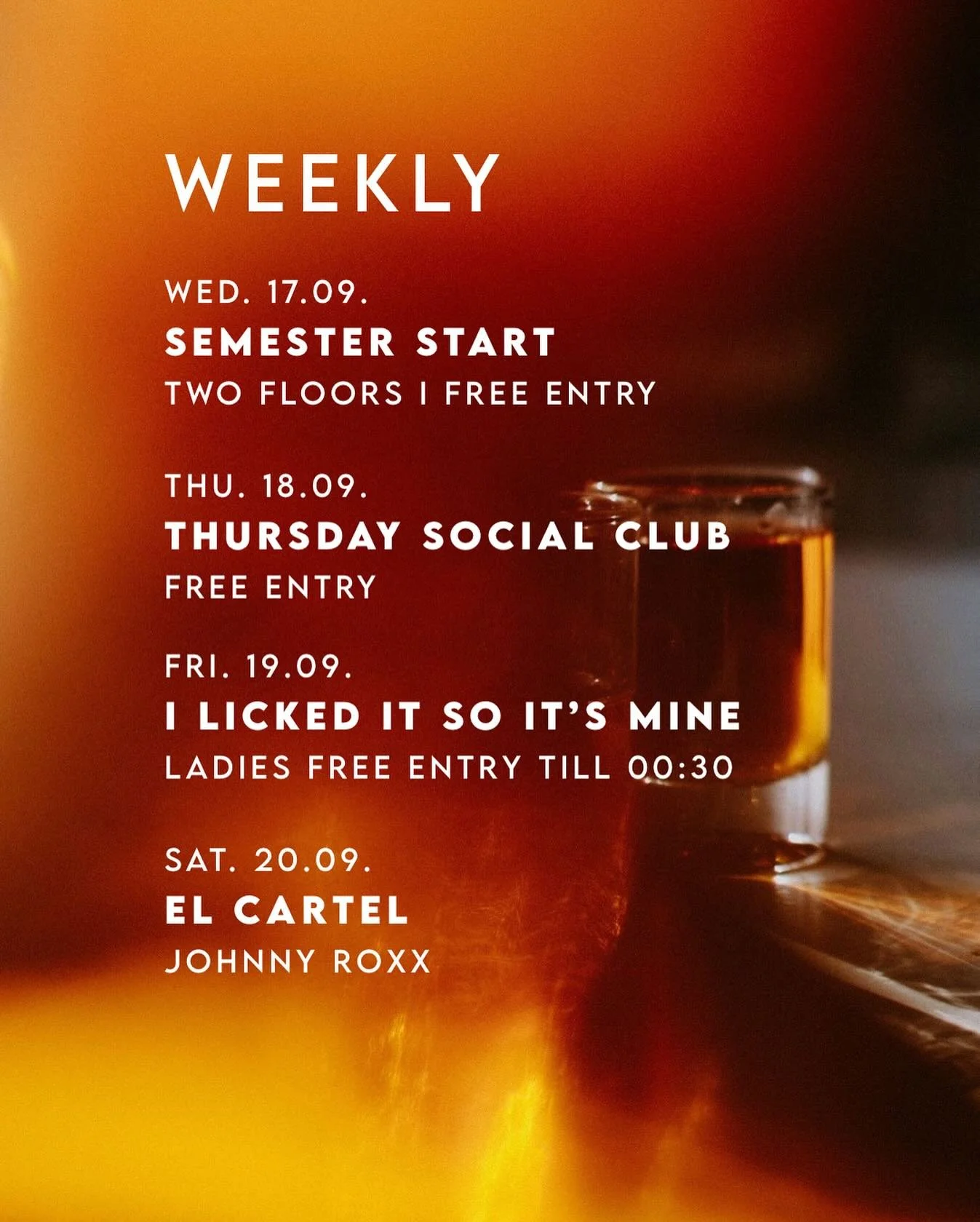 SEE YOU WEDNESDAY

#trischli #events #clubs
