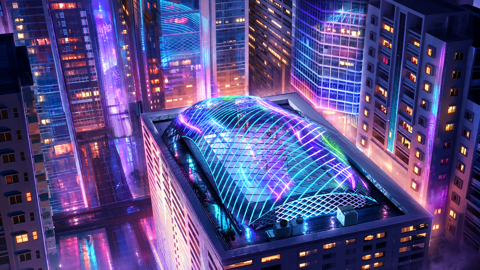 NBA 2K27 rooftop basketball environment concept featuring a neon illuminated architectural canopy surrounded by a nighttime cityscape.