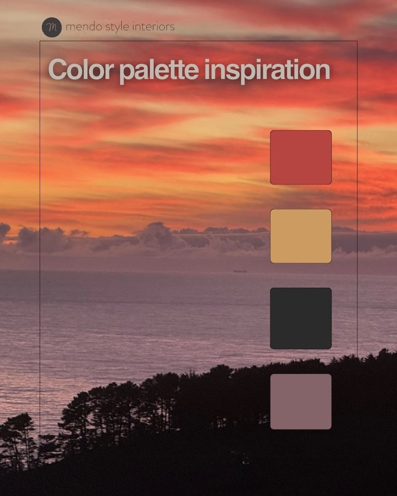 I was reminded when I took this photo that nature has always been the best color consultant.

This Mendocino sunset is a masterclass in palette.&nbsp;
&nbsp;
Molten amber layered over soft gold, deep silhouettes grounding an electric sky.

Coastal fo