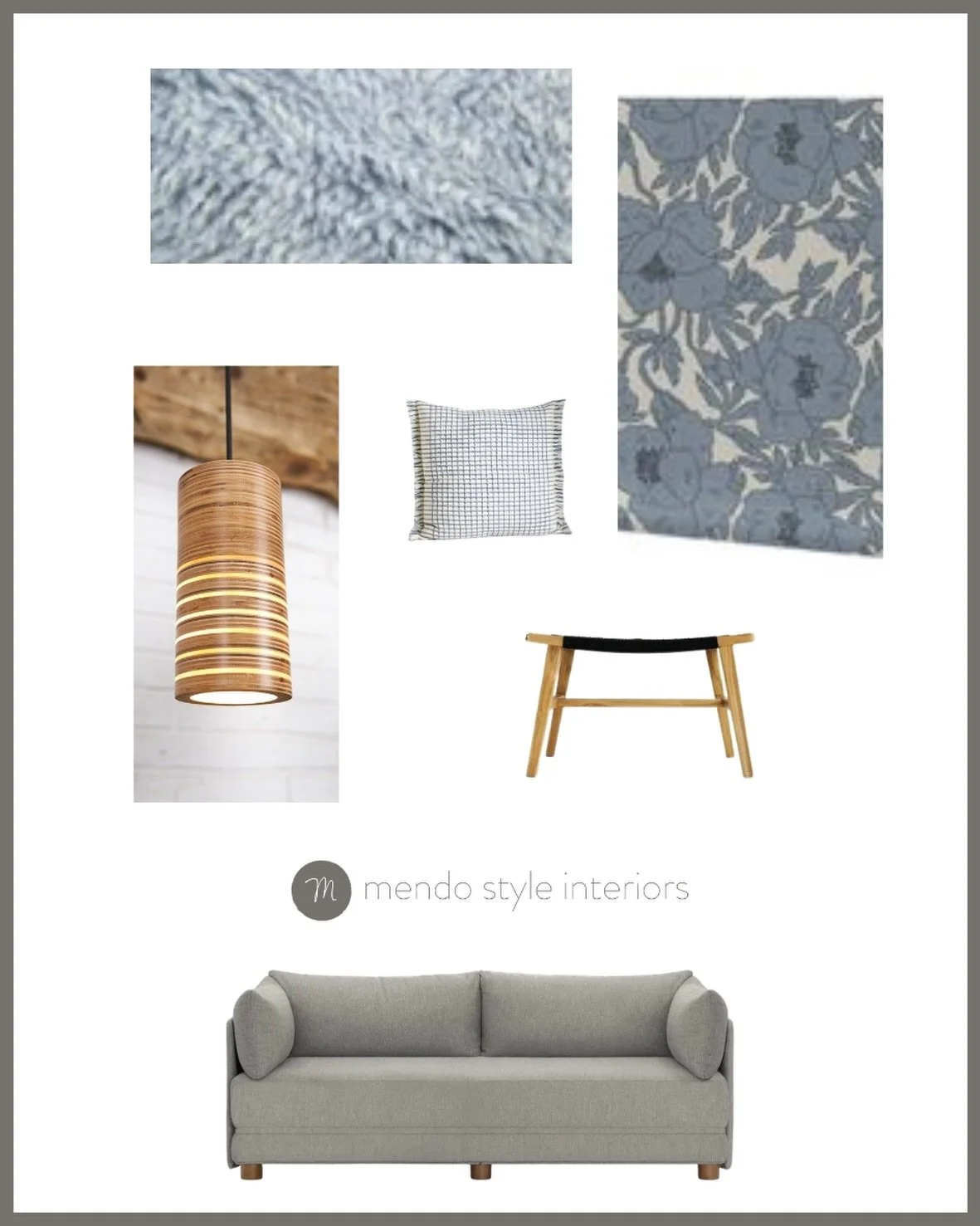 Dusty slate blue runs through the rug, wallpaper, and pillow like the fog that rolls off the Mendocino coast every morning.

Grounded by the wood&rsquo;s honey warmth in the pendant and bench.

Every soft element has a structured counterpart.

Shaggy