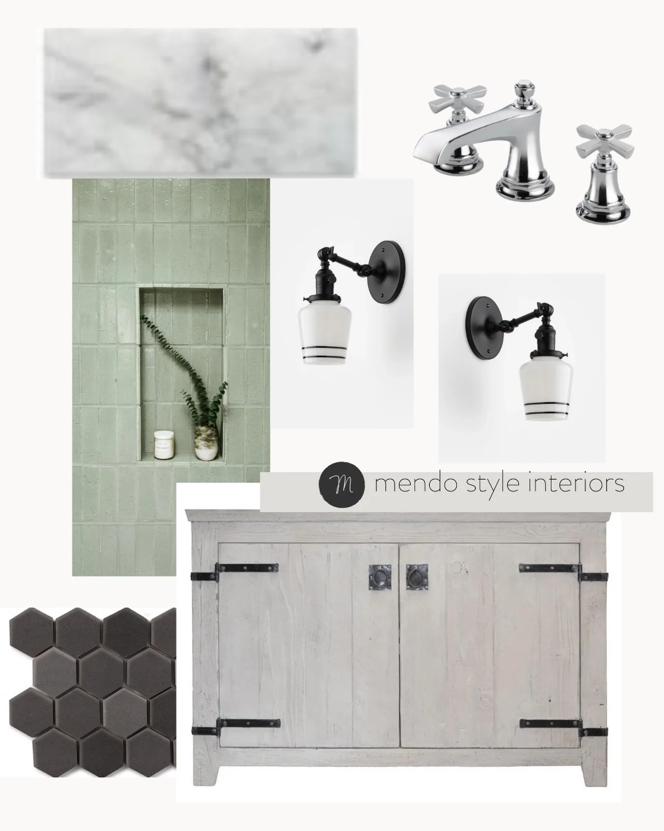 It&rsquo;s the tension that does the work for this interior design mood board.

Polished chrome.

Hand made brick tiles next to matte carbon hex.

Strong elements that hold their ground and hold together.

Save this if you&rsquo;re planning a bathroo