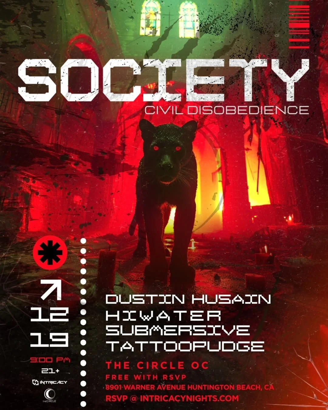 Event flyer for 'Society Civil Disobedience' featuring a dark orange and red background with a black panther with glowing red eyes, standing amid flames and destruction inside a ruined building with stained glass windows. The event details include date, time, location, and RSVP information.