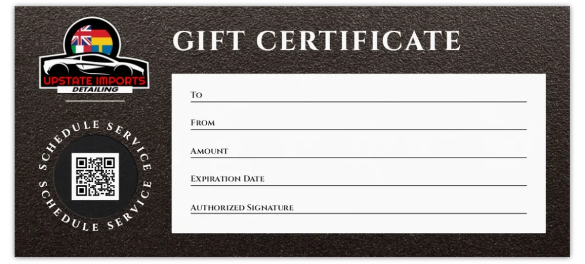 Upstate Imports Detailing gift certificate for car detailing, paint correction and ceramic coating in Baldwinsville, NY