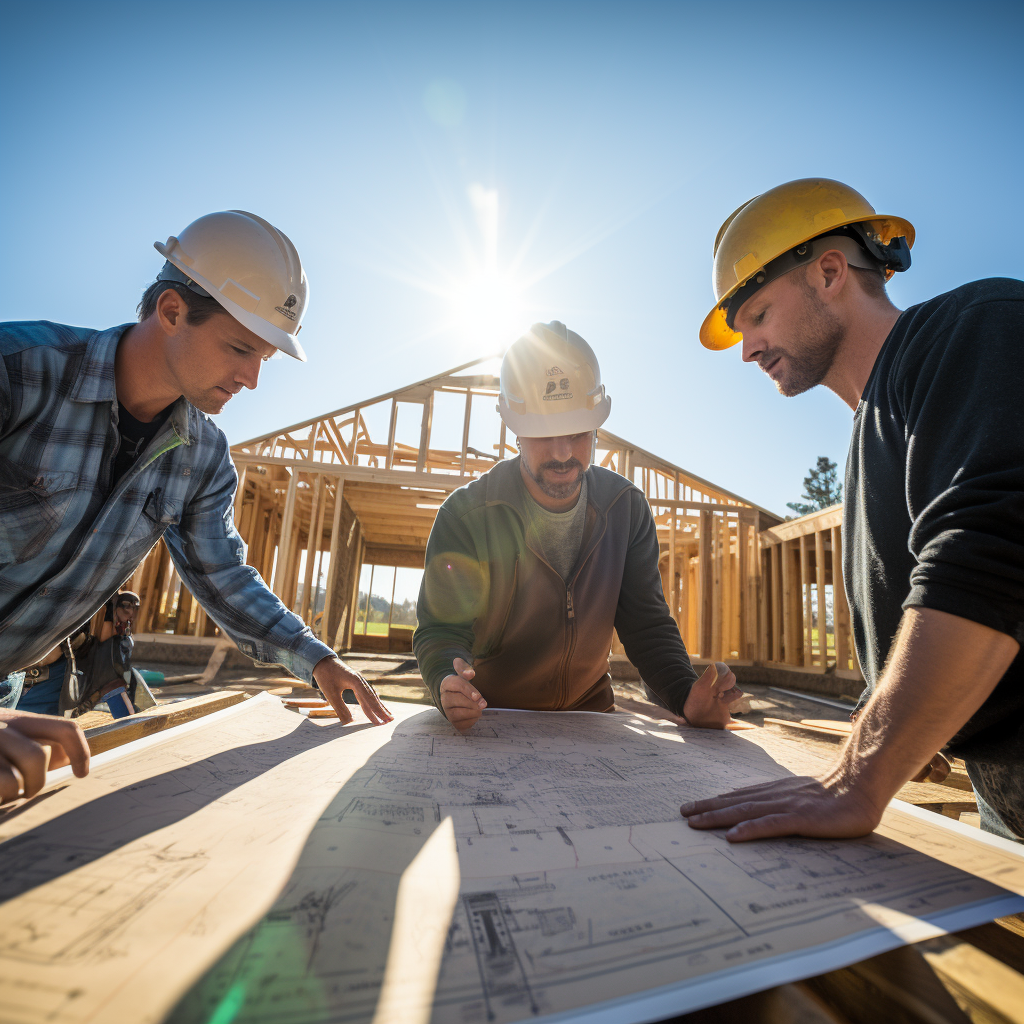 Construction workers from Summit-X discussing project plans on a residential building site.
