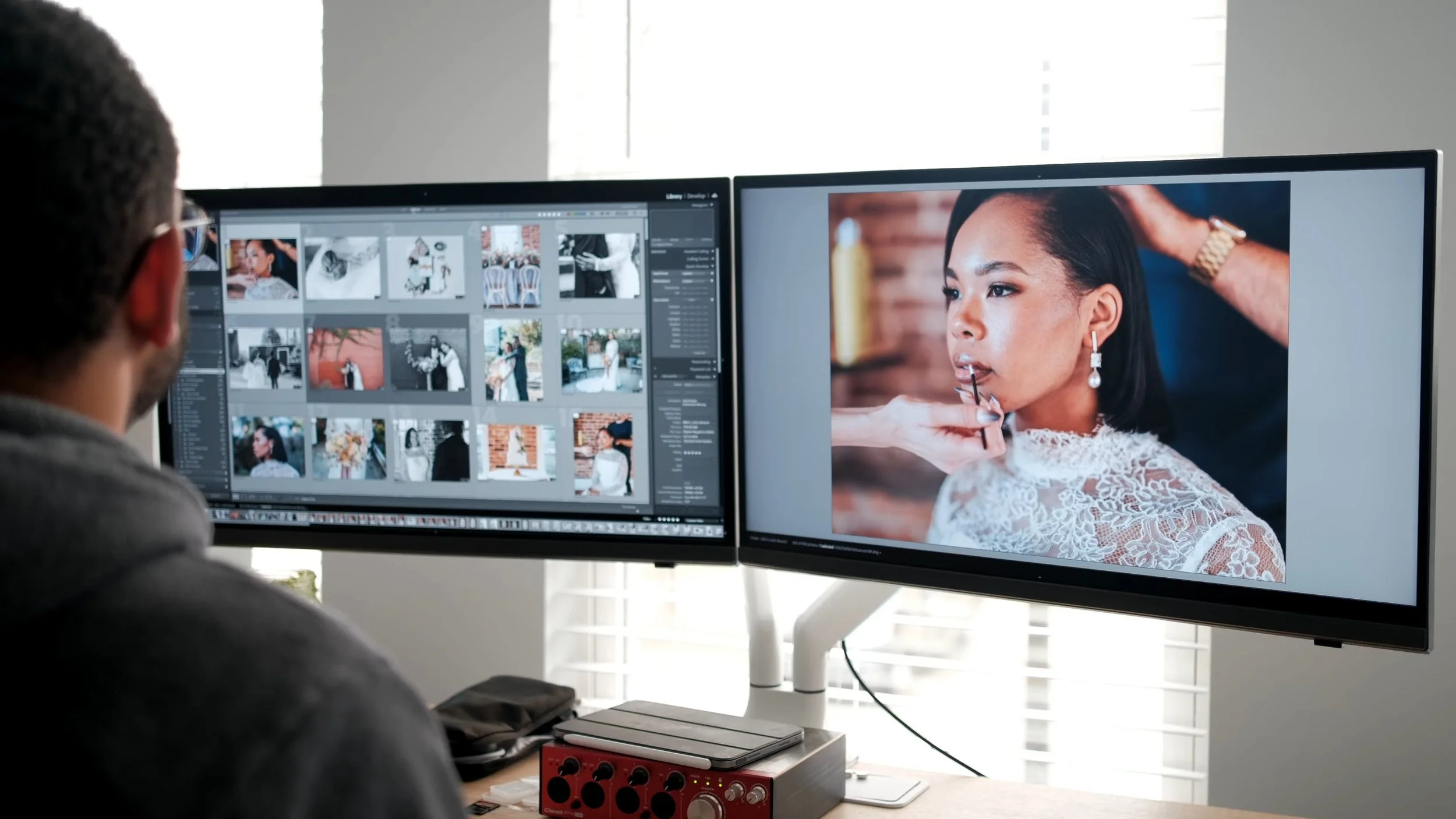 John editing wedding photos in Lightroom Classic.