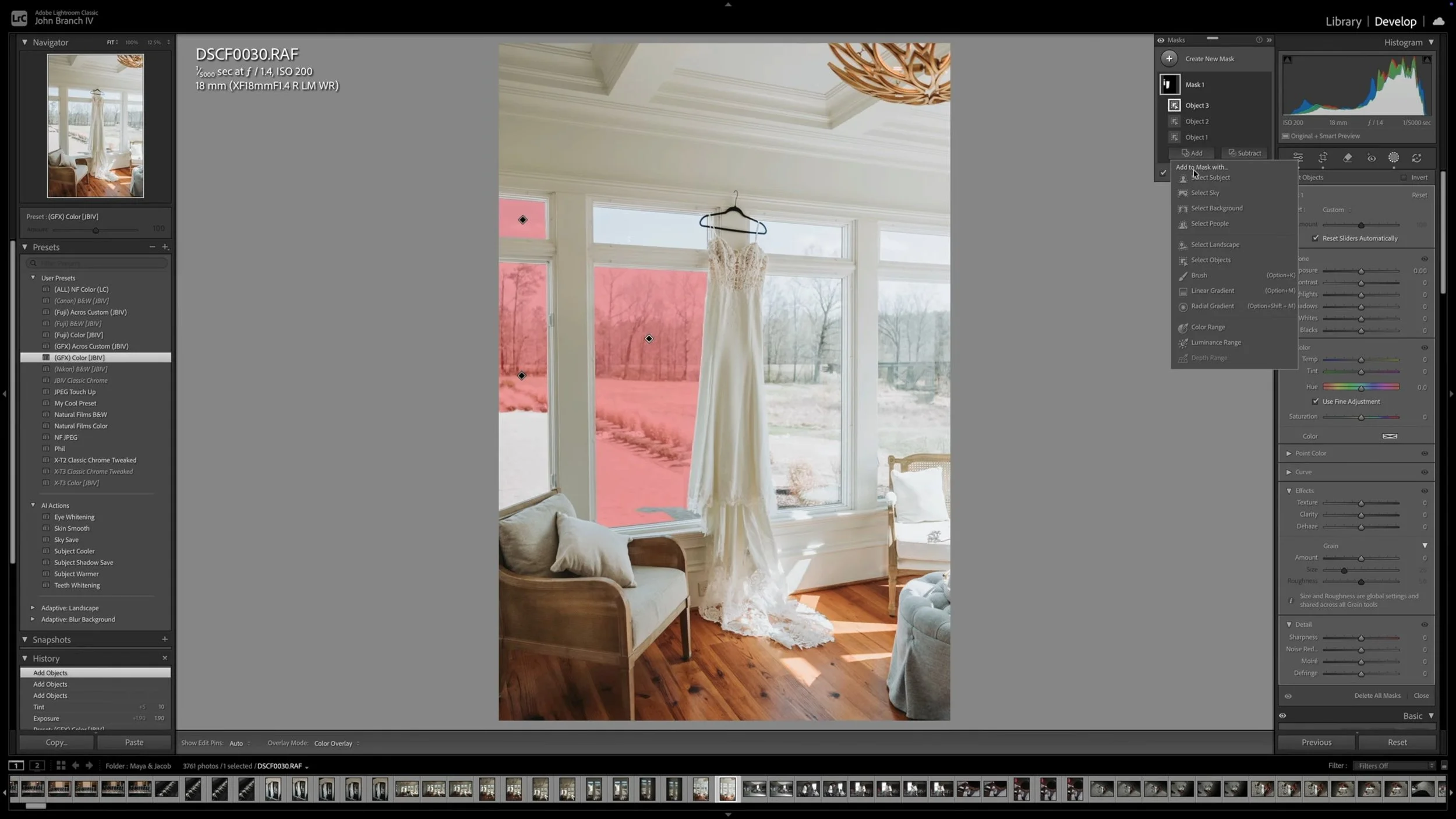Using Lightroom AI masking tools for wedding photo editing.