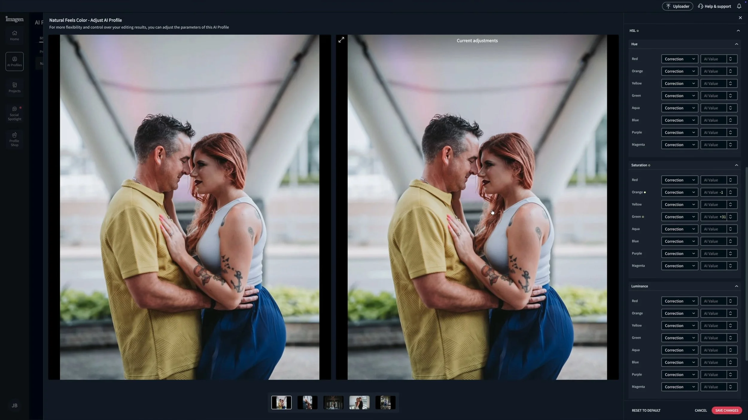 Imagen AI profile settings for wedding photography editing.