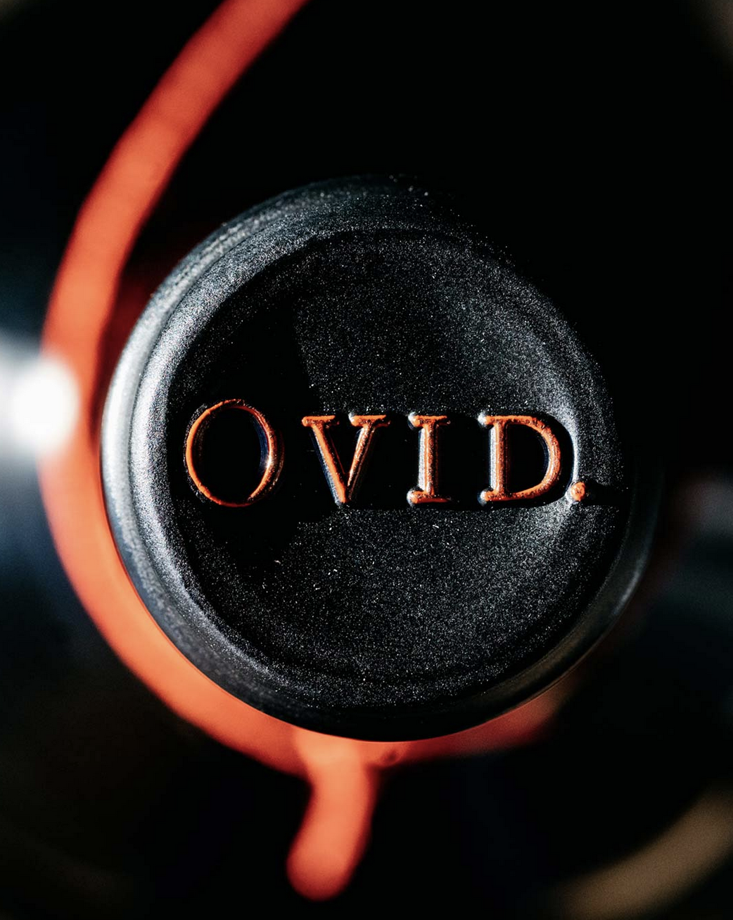 A bird's eye view of the top of a bottle of OVID. Napa Valley