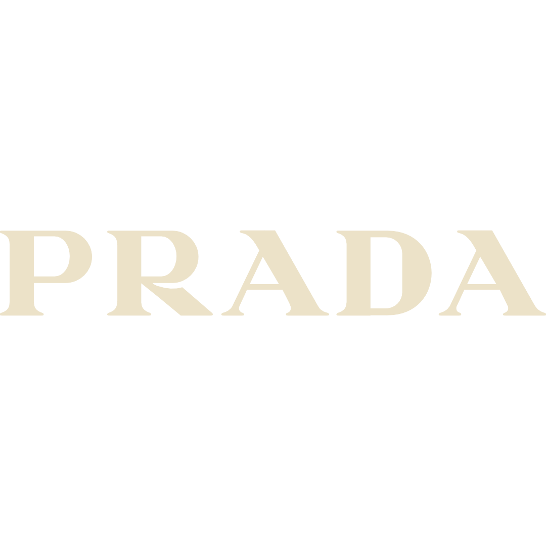 Prada logo in beige text on black background.