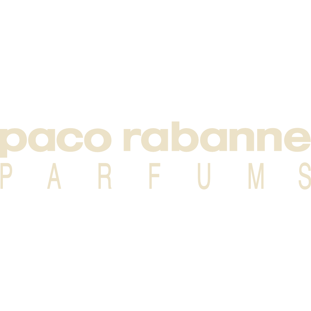 Paco Rabanne perfumes logo with black background and beige text.