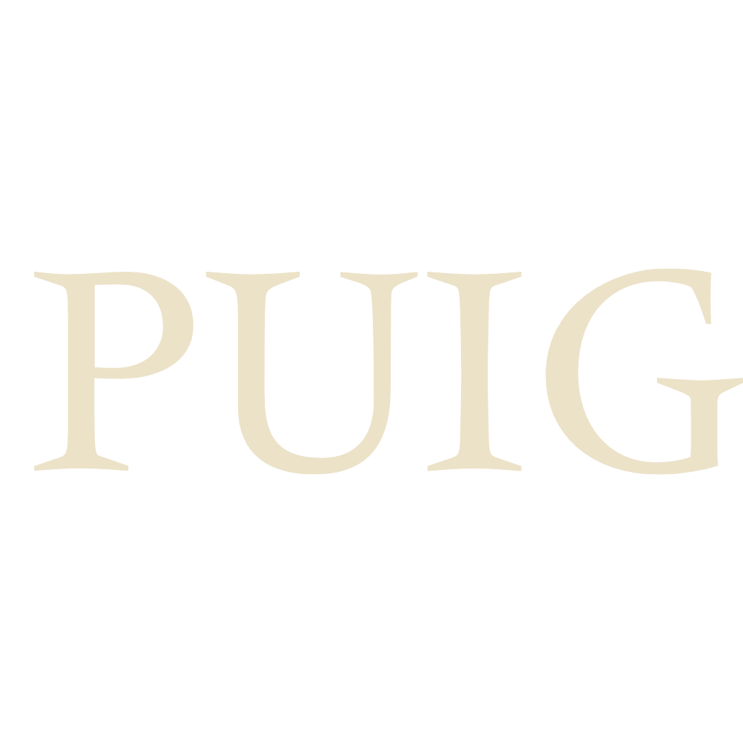 The word 'PUIG' in large beige letters on a black background.