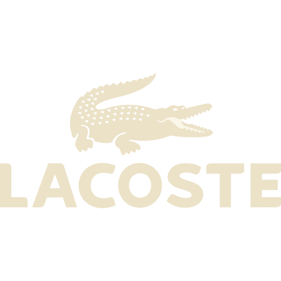 Lacoste logo featuring a beige crocodile above the word 'LACOSTE' in beige capital letters.
