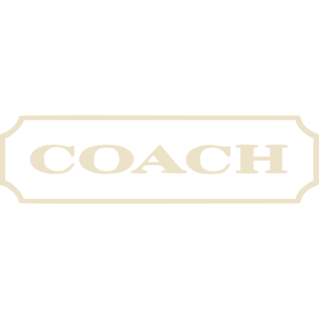 Black background with the word 'COACH' in bold, cream-colored letters inside a decorative rectangular border.