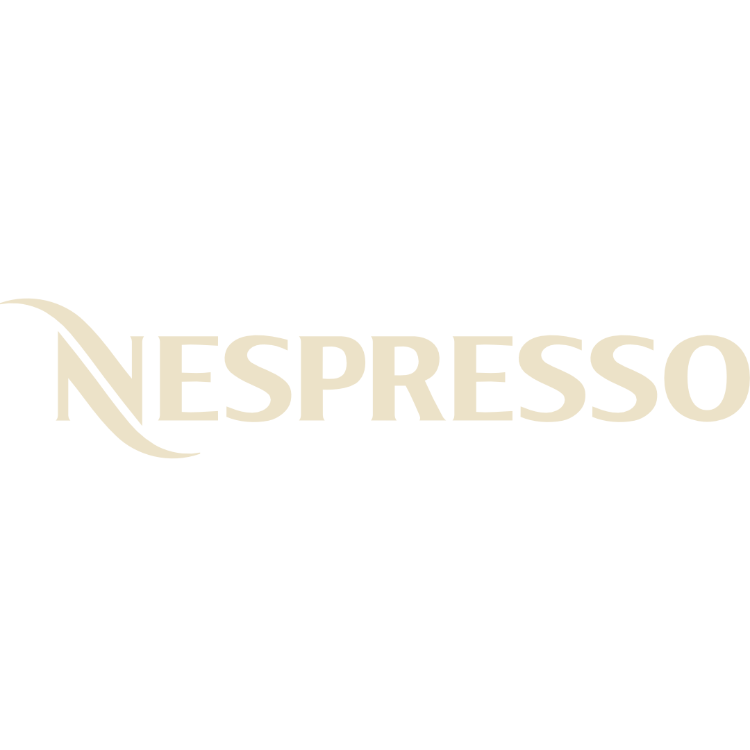 Nespresso logo with a gold and black color scheme and a stylized coffee bean in the middle
