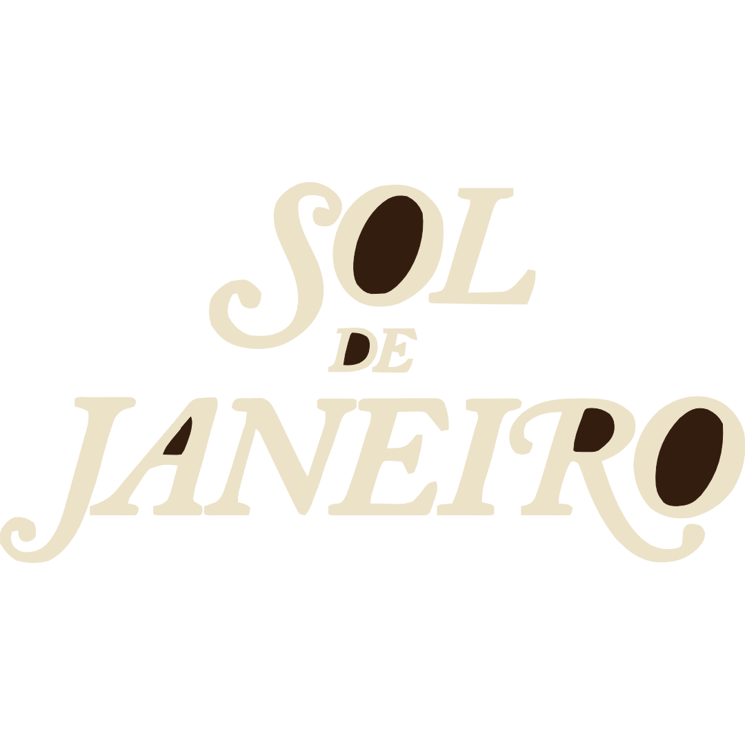 Design with the words 'Sol de Janeiro' written in stylized font, with some of the letters as coffee beans.