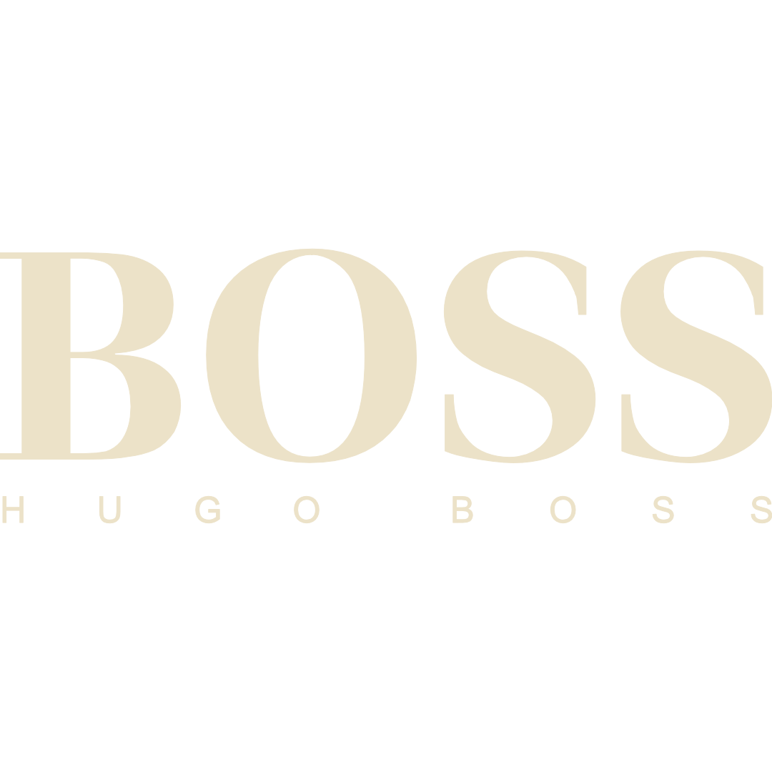 Hugo Boss logo with large black text and smaller beige text.