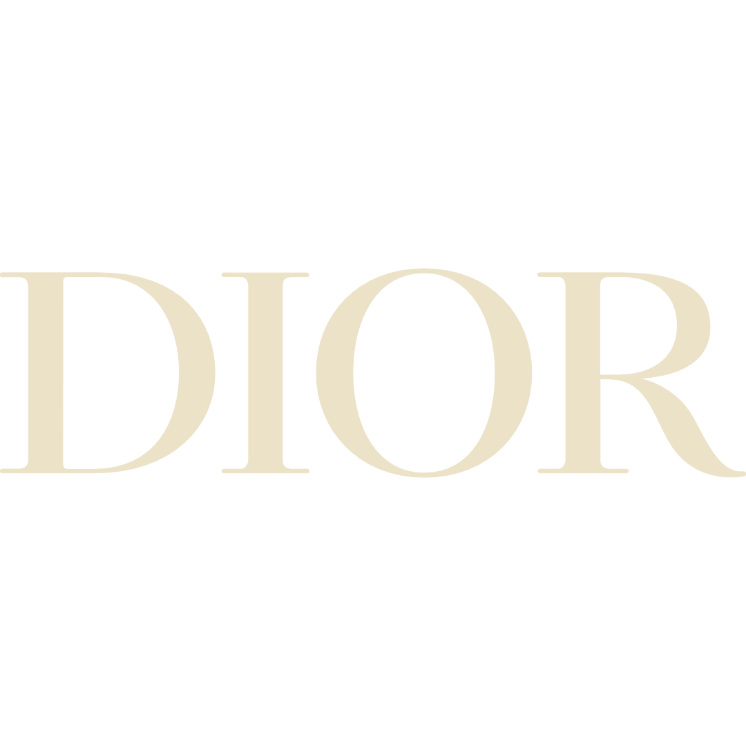 The word 'DIOR' written in large, elegant beige capital letters on a black background.