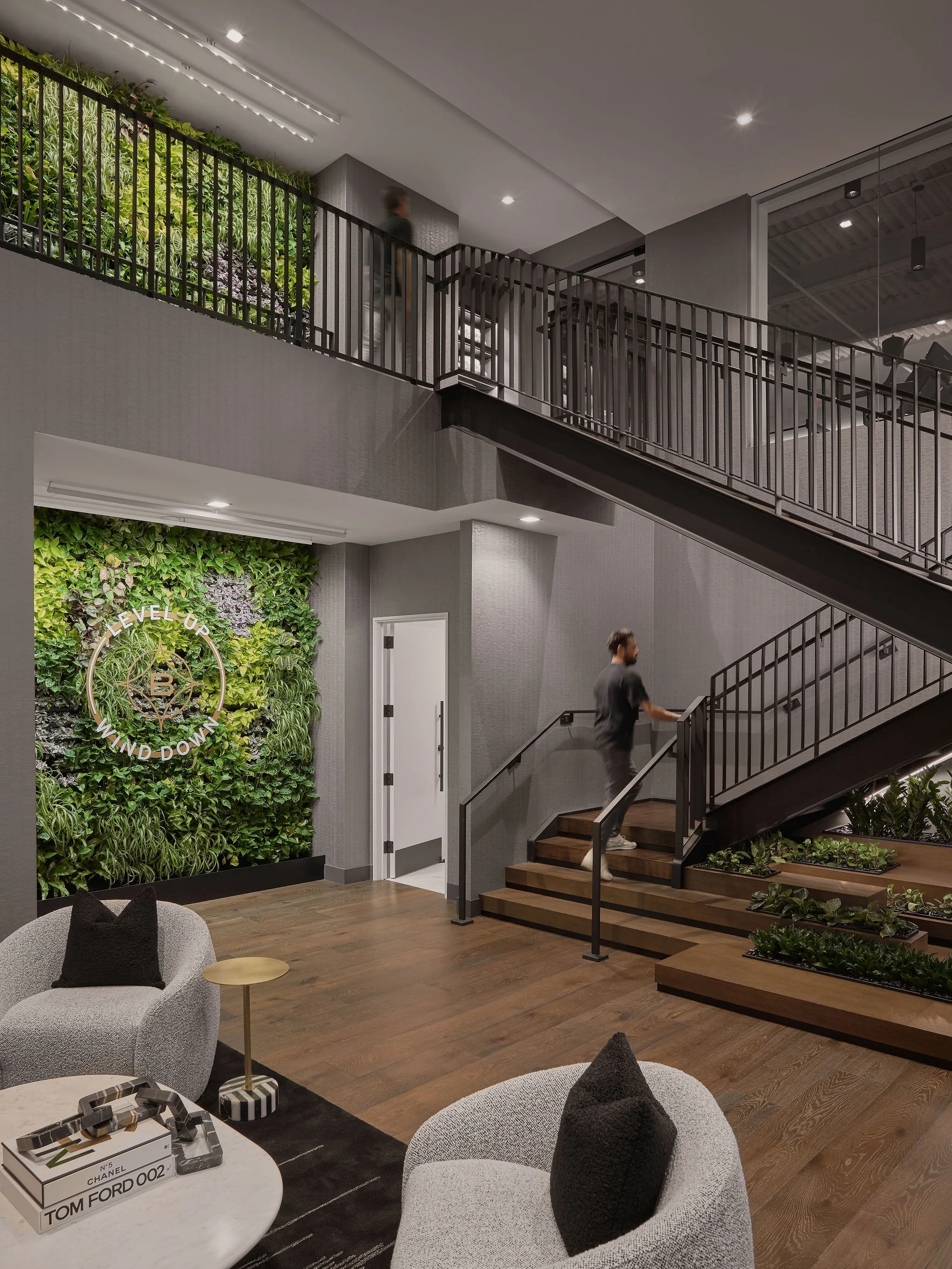 live plants on a wall of a fitness center for commercial office building 