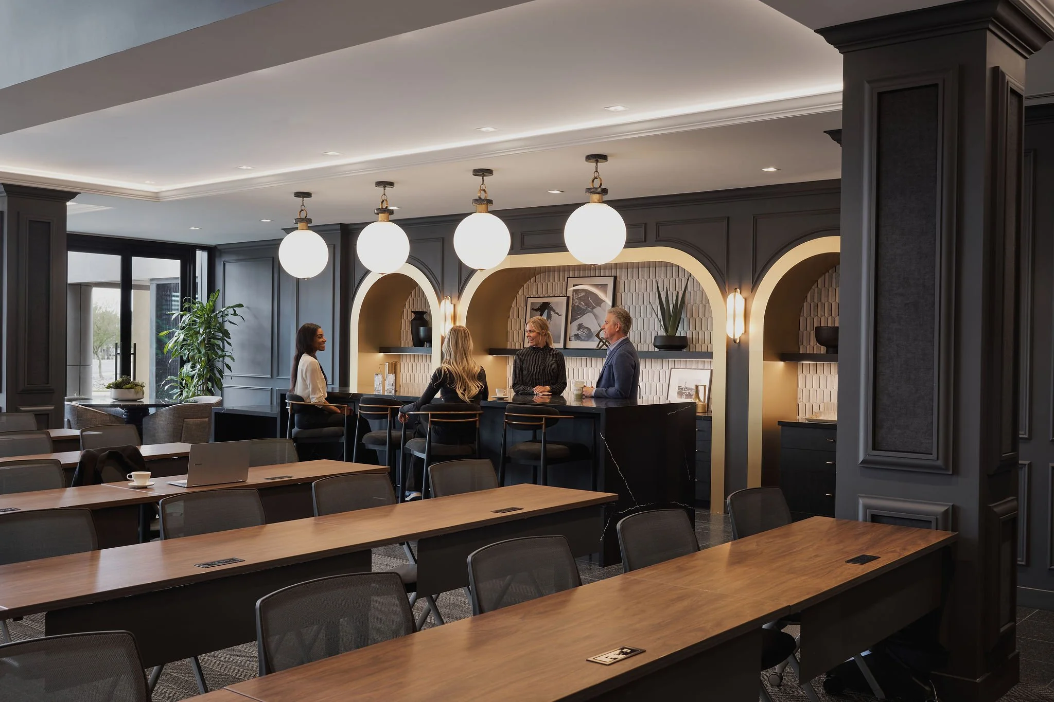 Commercial office building photographed with models to give it life and personality 