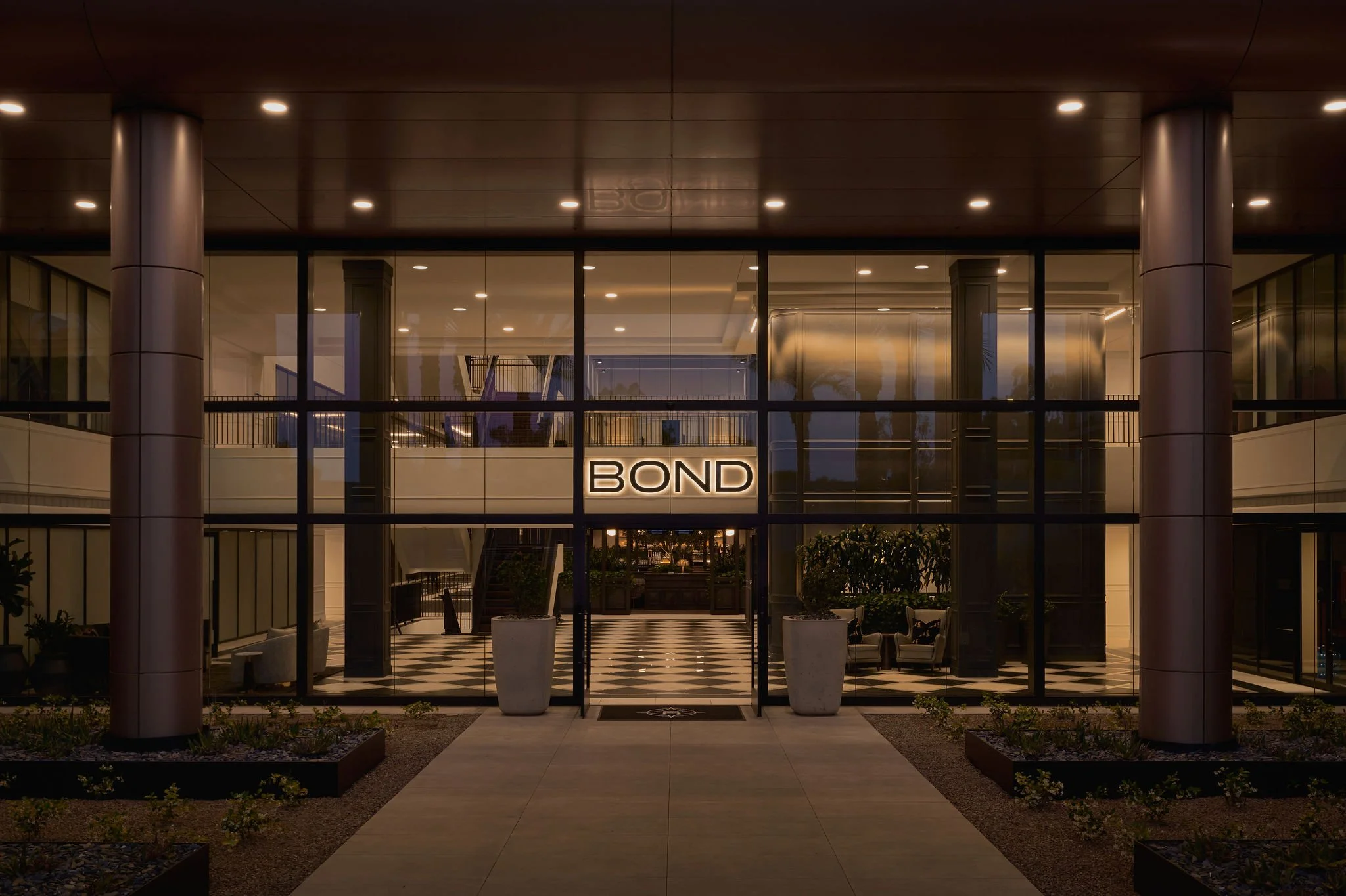 Twilight exterior of a commercial office building