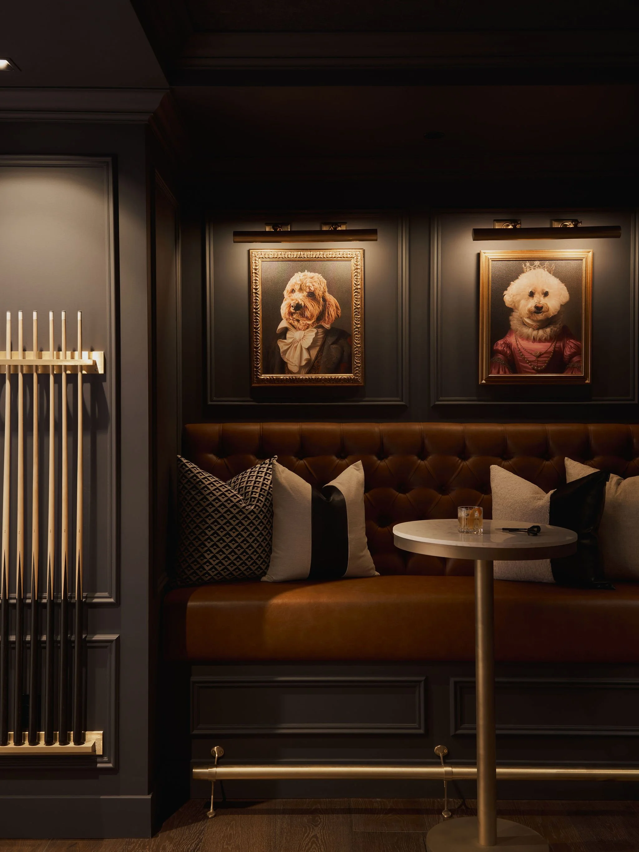 a dark and moody billiards room in a commercial architectural building 