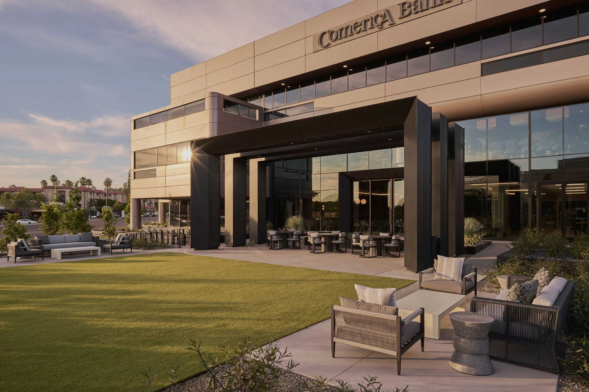 golden hour exterior image of a renovated office complex 