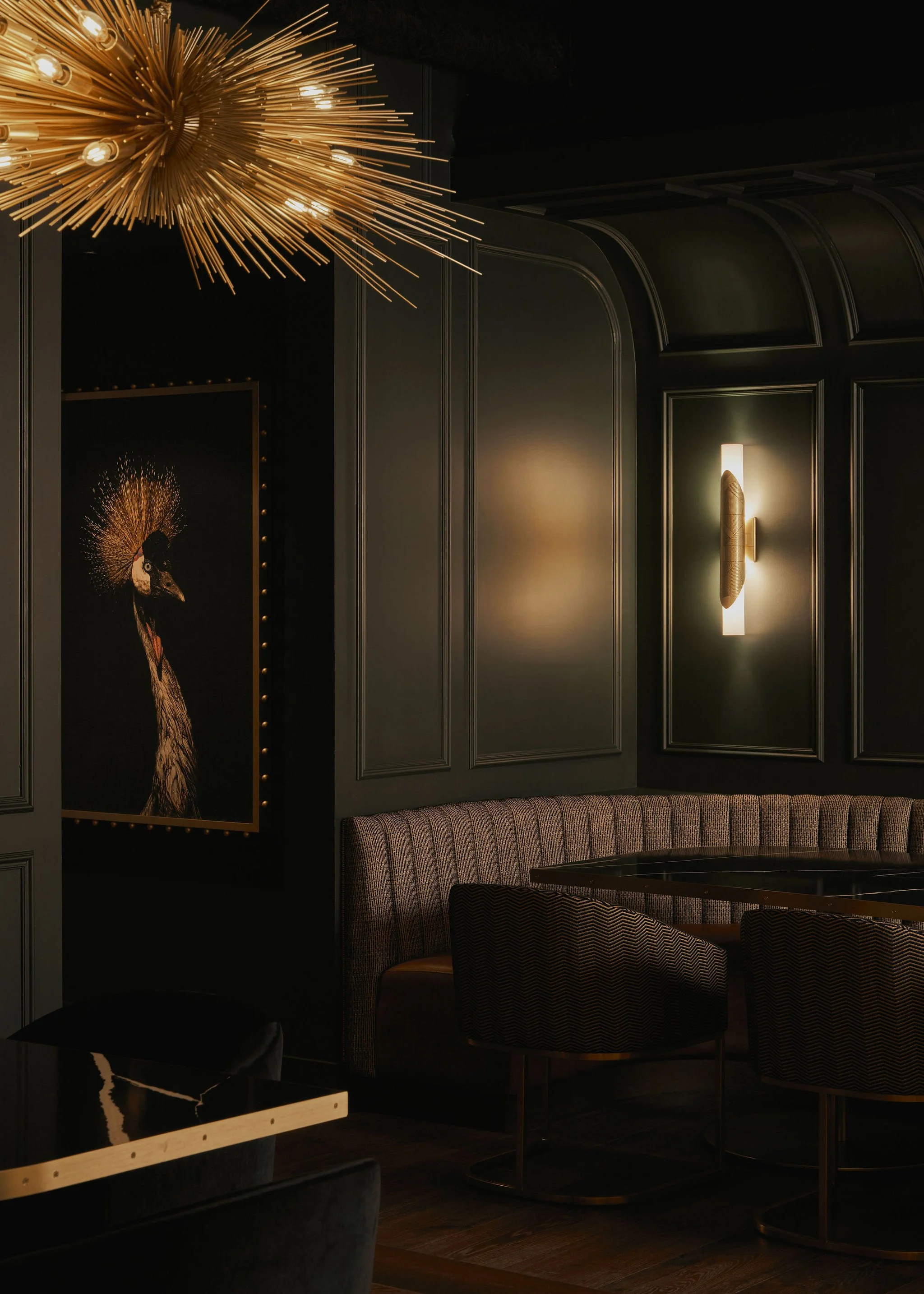 detail vertical image of interior design of speakeasy restaurant