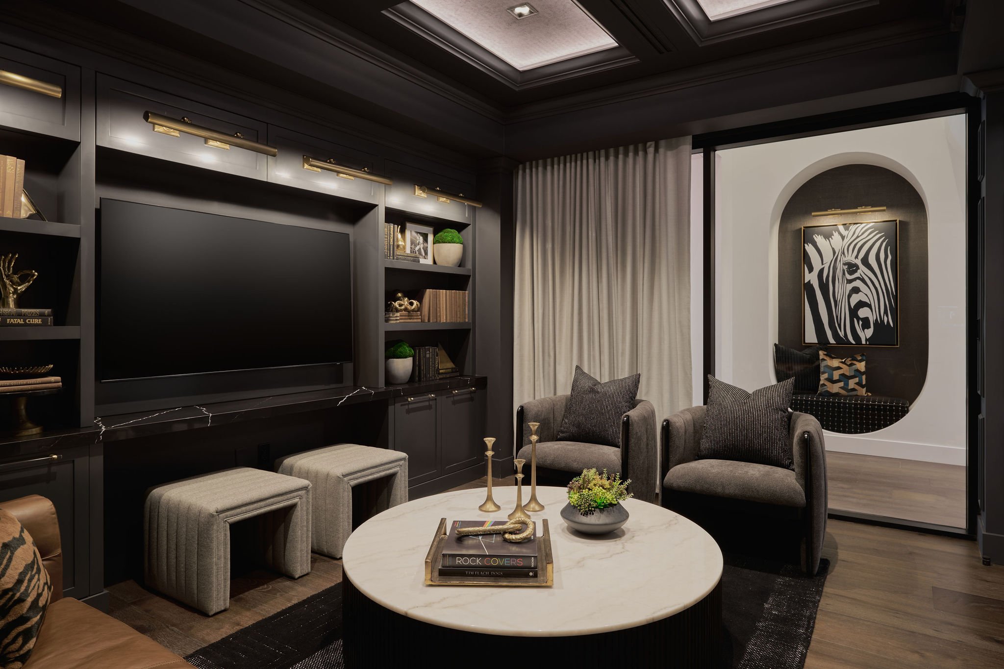 small meeting room with dark and moody vide 