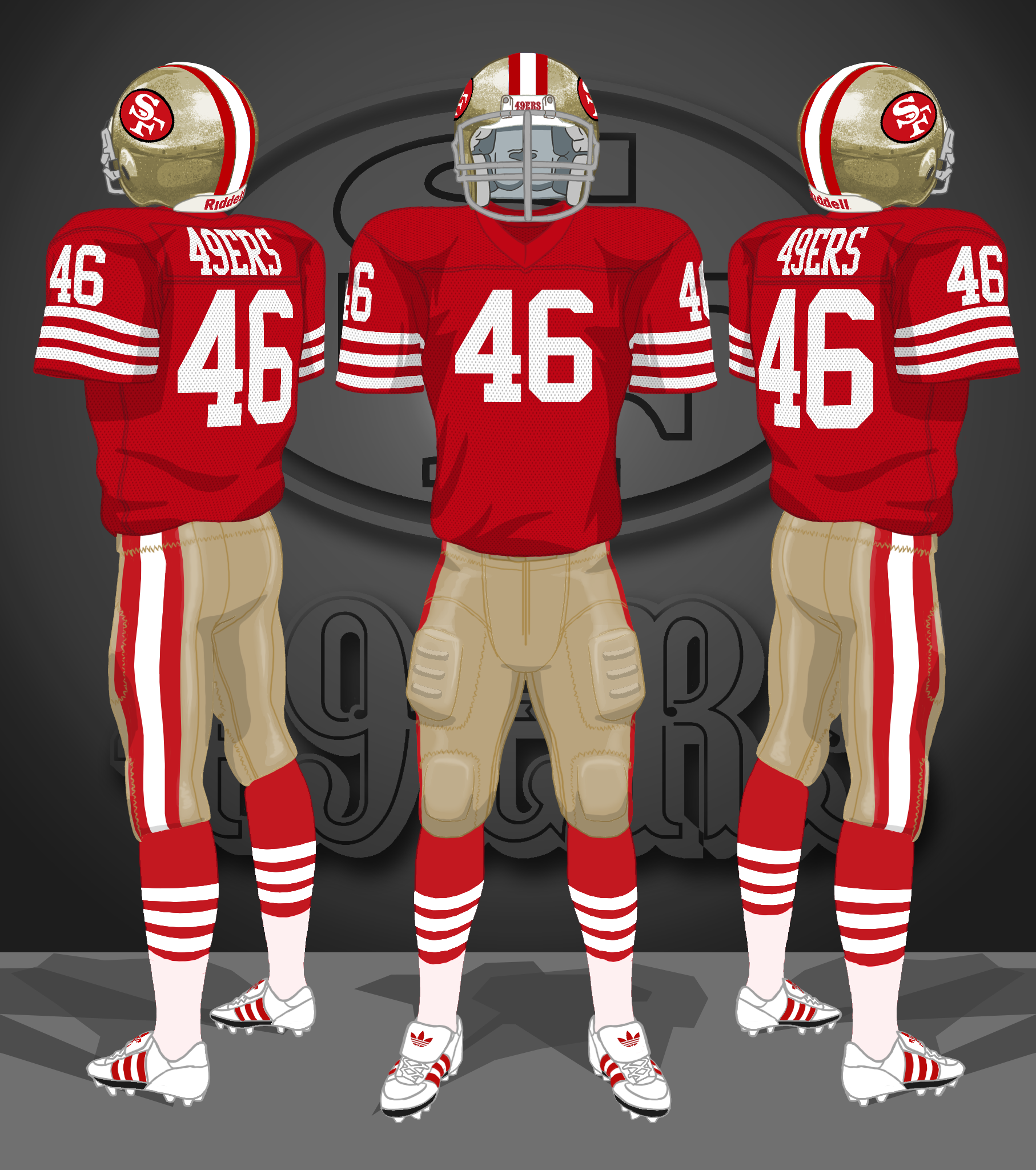 1976-1988 red jerseys, gold pants