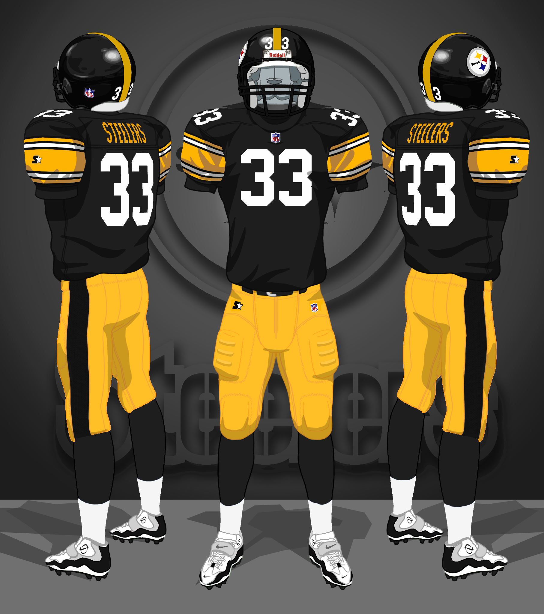 1977-1996 black jerseys, yellow pants