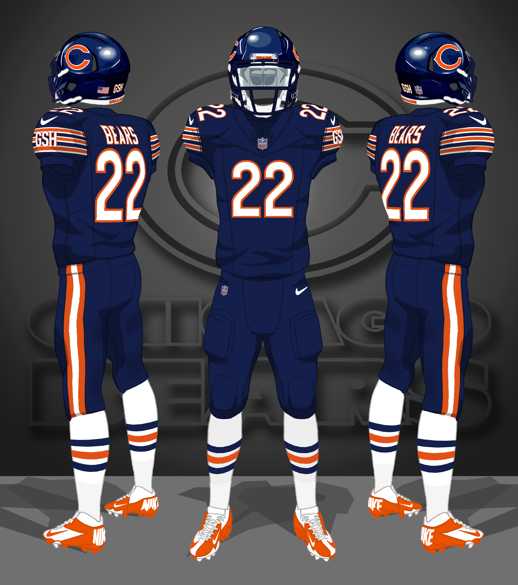 2017, 2022, 2025-- navy, navy, white socks