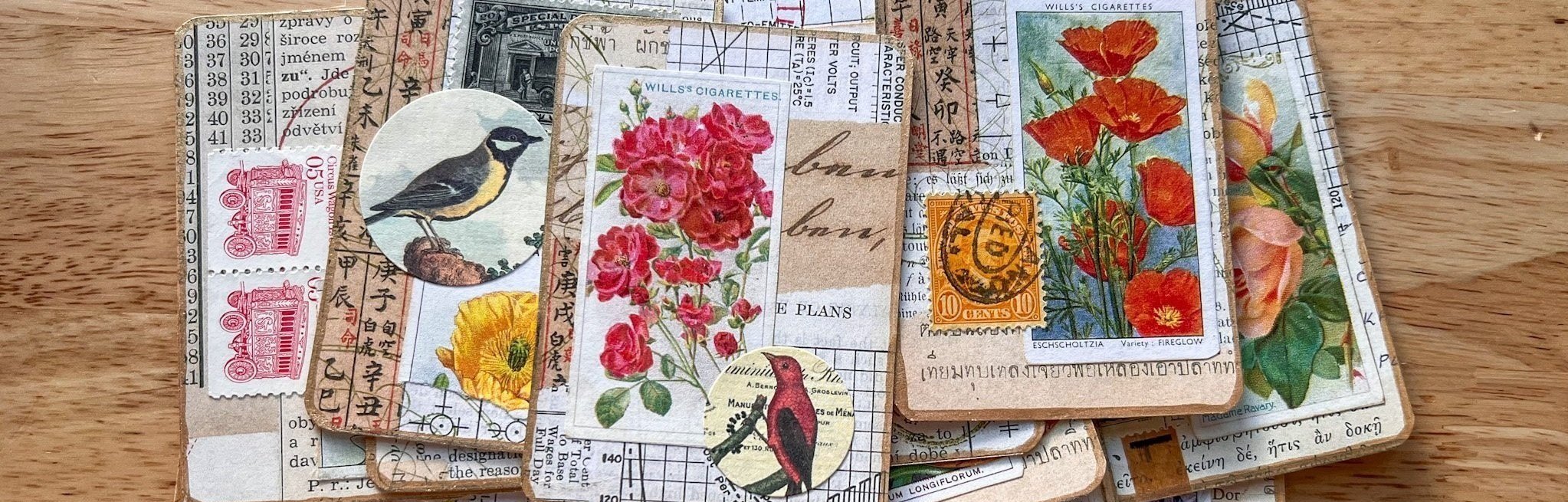 Collage of vintage ephemera including stamps, botanical illustrations, and foreign text on a wooden surface.