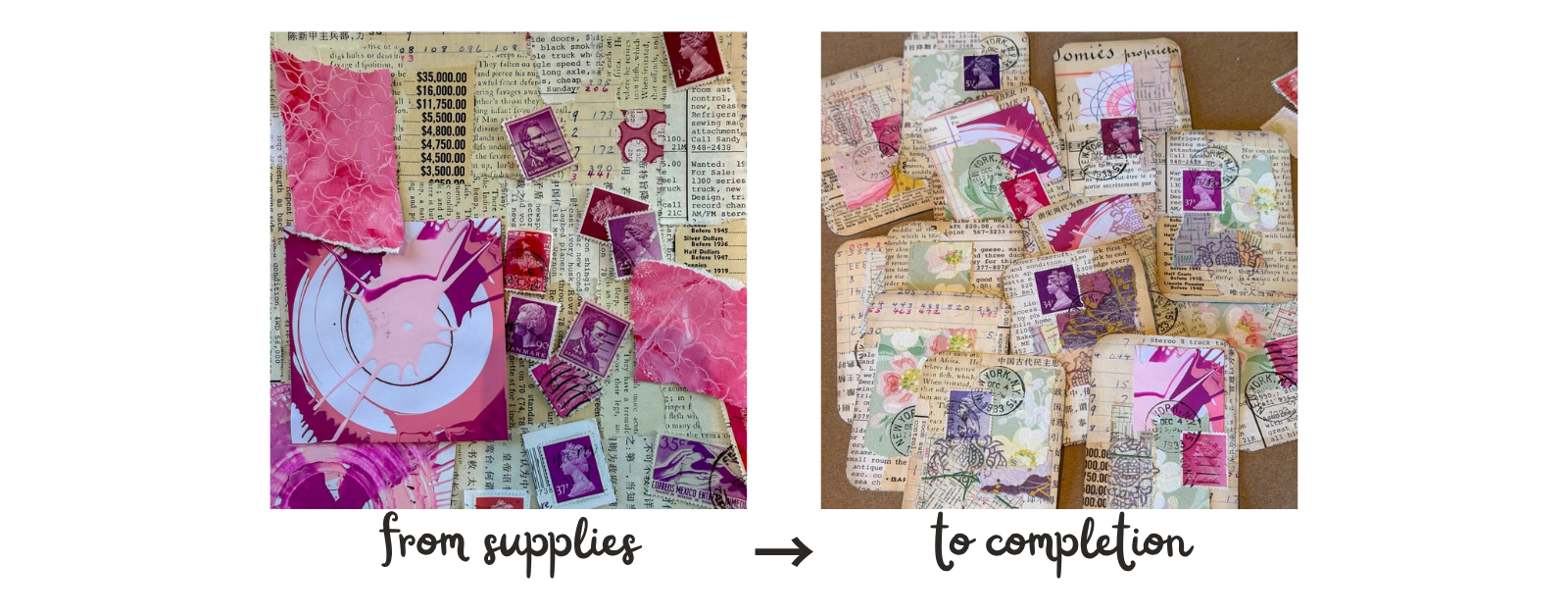 Supply aged papers, vintage stamps, and paint swirled papers and scraps in various shades of pink, purple, and red are transformed into beautiful ATCs (Artist Trading Cards)