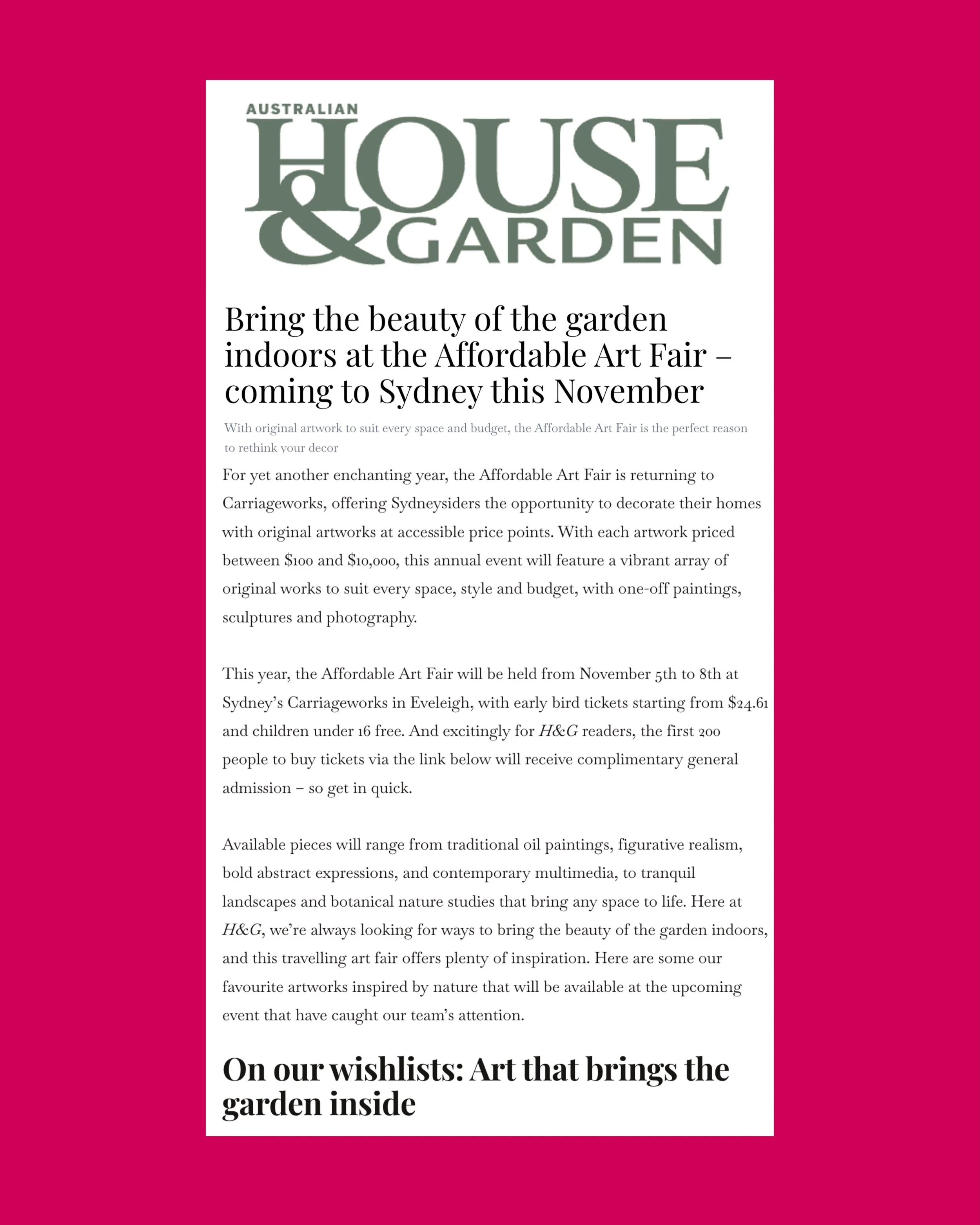 @houseandgarden pulled together a bunch of their favourite artworks that bring the garden indoors - all available at this years @affordableartfairau Sydney and what good taste they have! 🍃🌷🌳🪴🪻 @aruga_au 

Thank you @kateahassett @graceflynn_ @_d