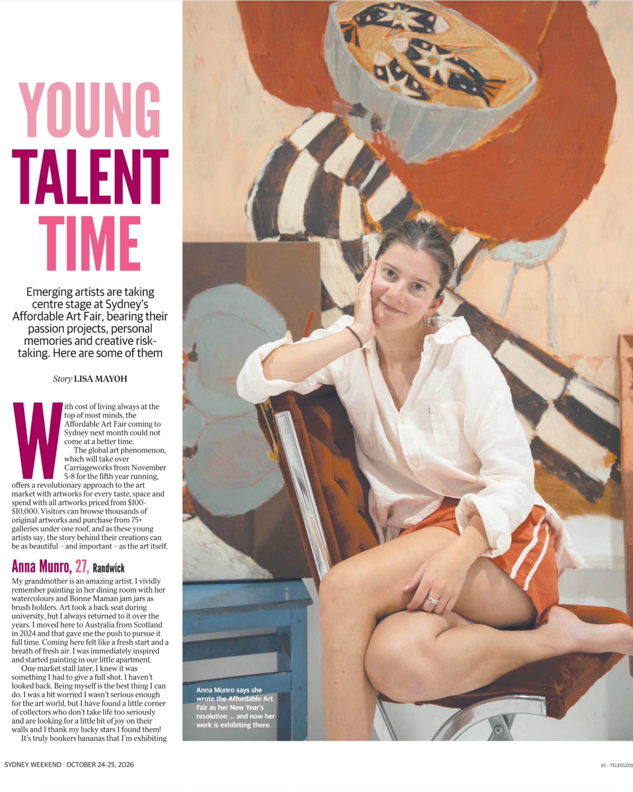 A fabulous piece in the @dailytelegraph this weekend featuring @affordableartfairau artists selected as part of this years Young Talent program. 🖼️

Loved working with @lisamayoh on this one! Just over one week to go! 🩷

@annamunro.art 
@the_bluest