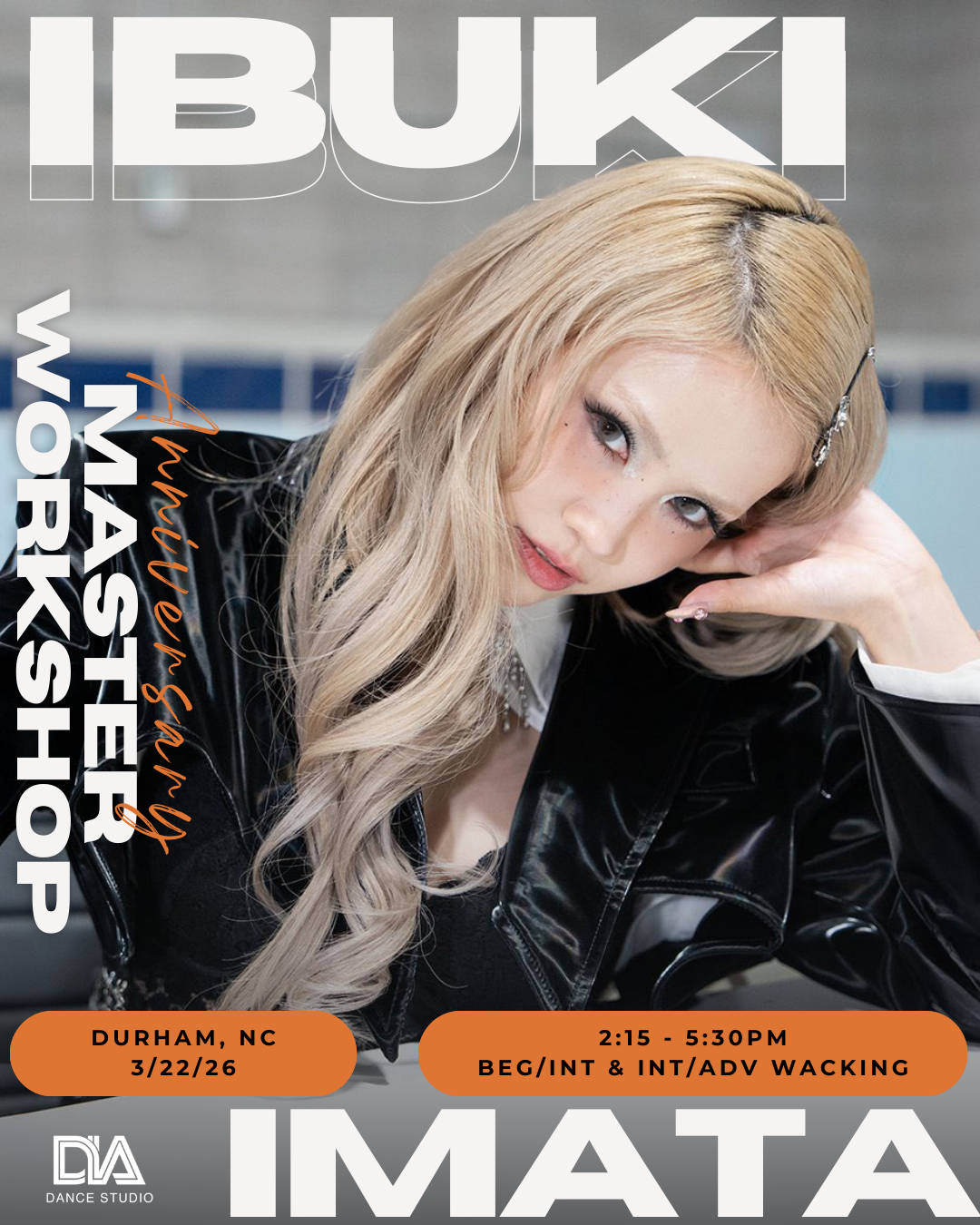 A promotional flyer featuring a young woman with long, blonde, wavy hair, wearing a black leather jacket and white shirt, reclining on a surface. The flyer promotes a workshop in Durham, North Carolina on March 22, 2026, from 2:15 to 5:30 PM, focused on beginner, intermediate, and advanced wacking dance styles at a dance studio.