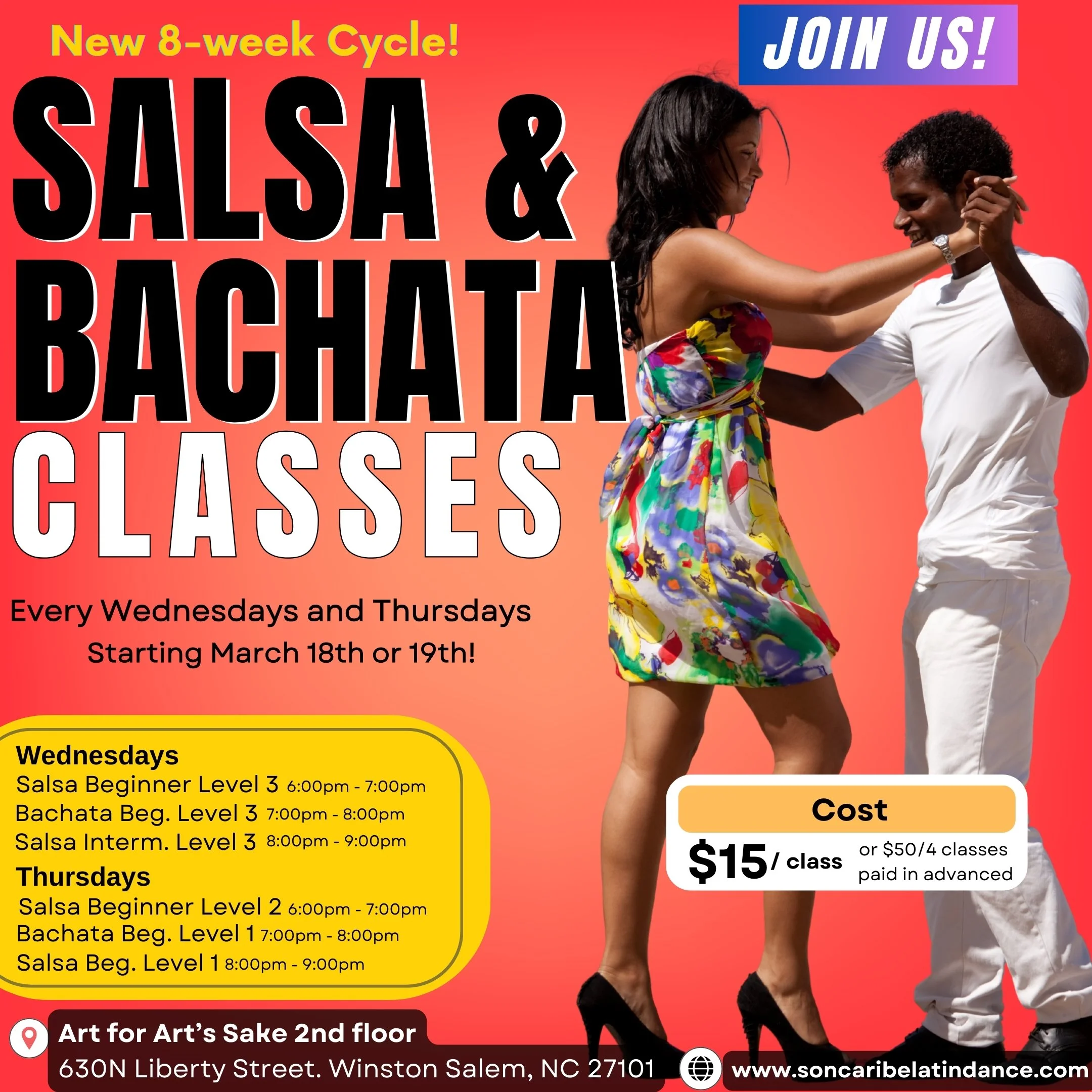 A colorful poster advertising salsa and bachata dance classes on Wednesdays and Thursdays, featuring an illustration of a dancing couple, with the woman in a red dress and the man in a white shirt, set against a yellow background with musical notes.