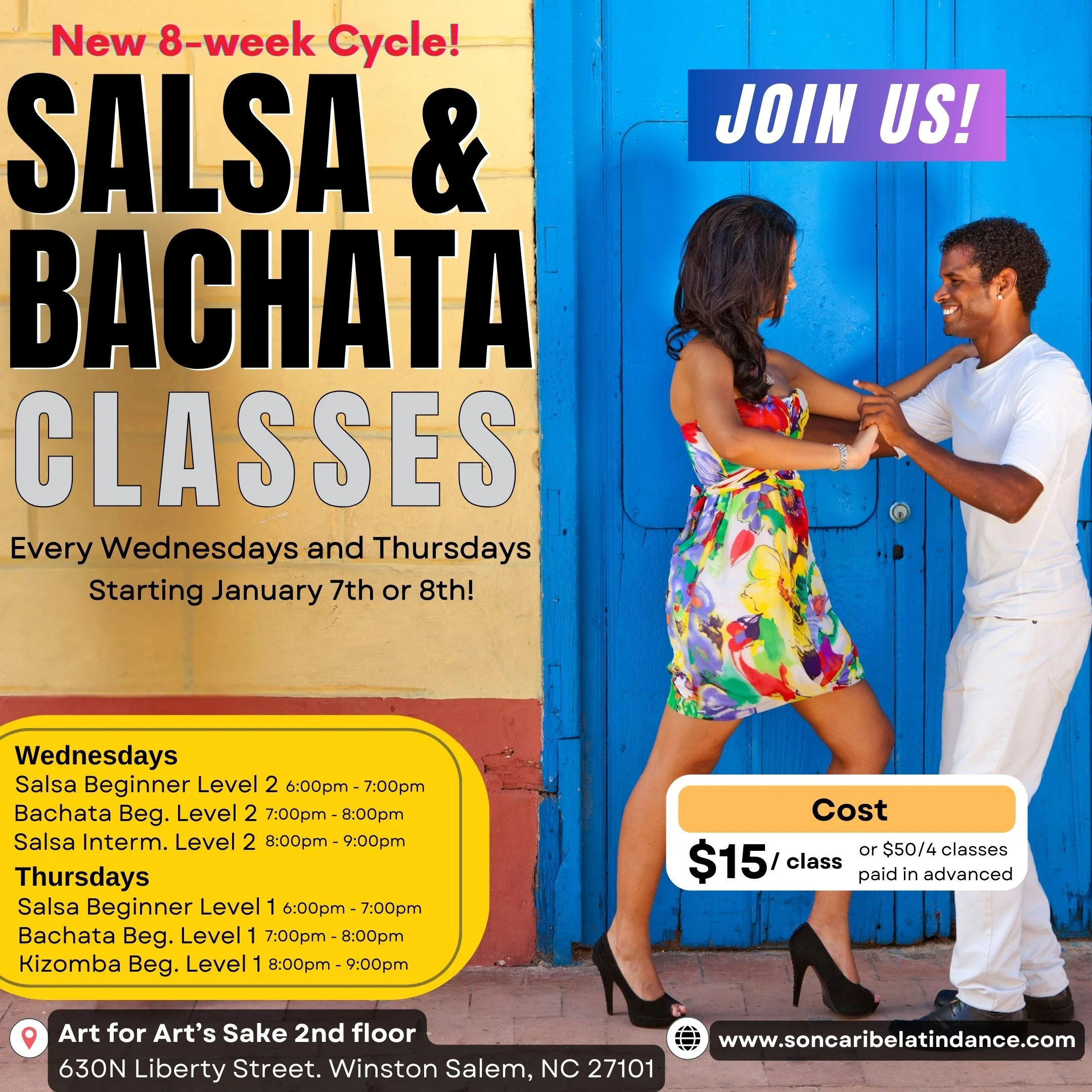 A colorful poster advertising salsa and bachata dance classes on Wednesdays and Thursdays, featuring an illustration of a dancing couple, with the woman in a red dress and the man in a white shirt, set against a yellow background with musical notes.