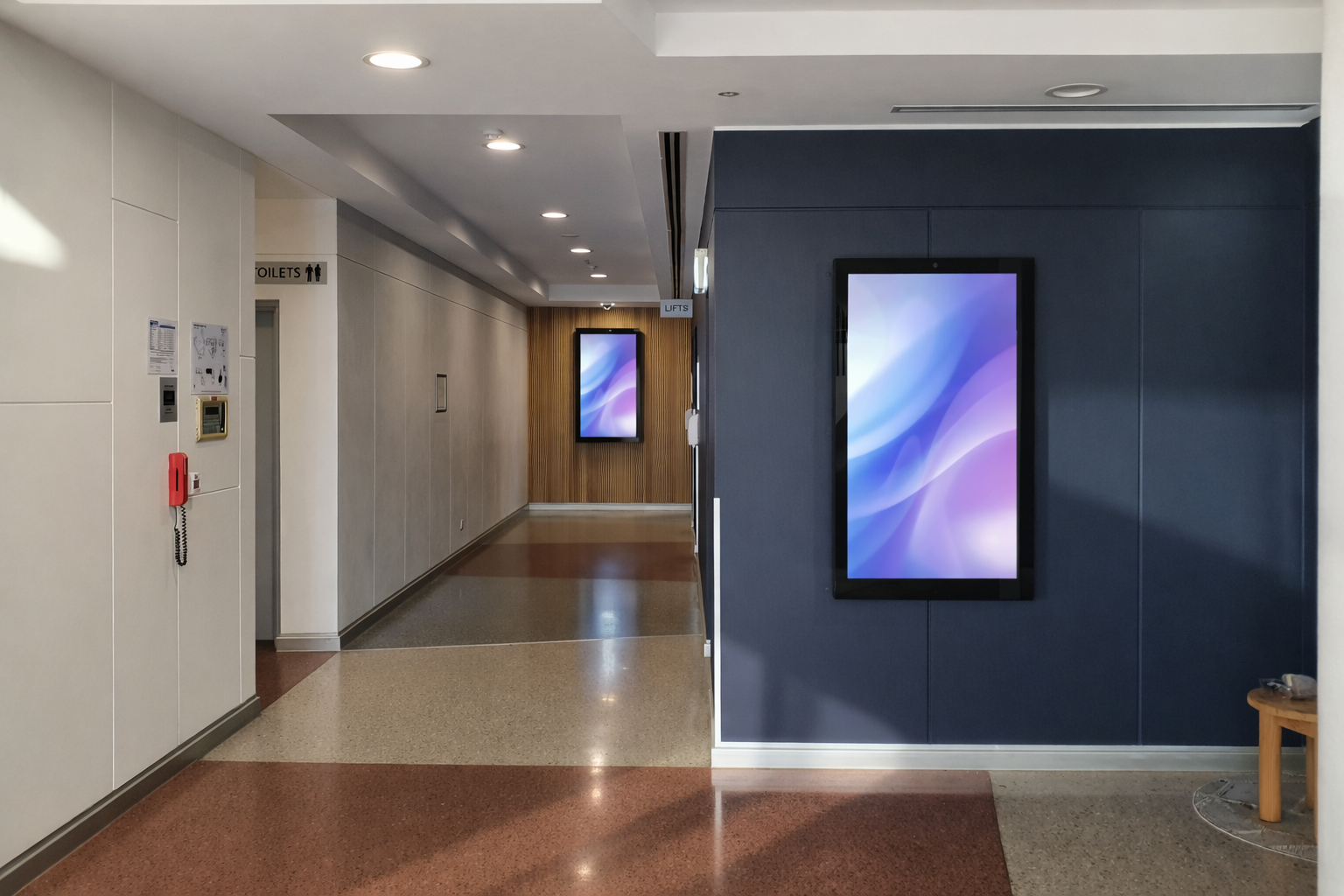 Commercial lobby digital signage display with integrated content management system.