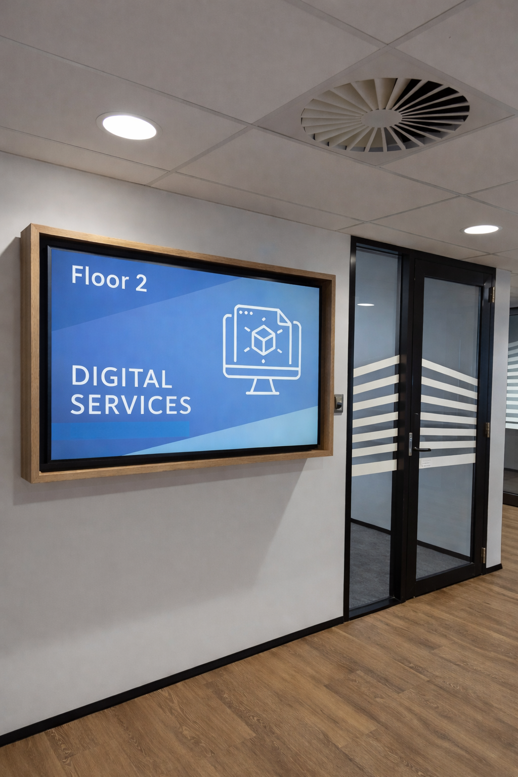 Indoor digital signage display installation with integrated CMS
