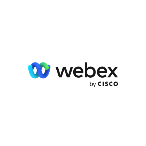 Webex logo with a blue and green intertwined symbol, and the words 'webex by Cisco' in black text.