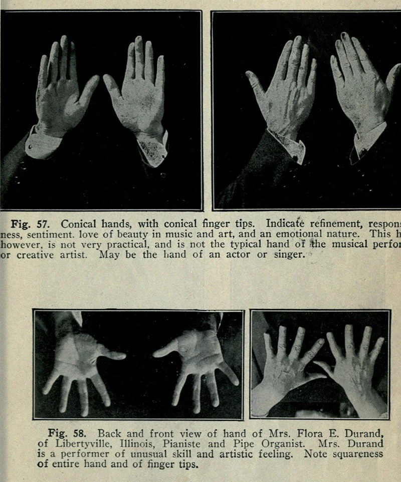 Black and white photo of two sets of hands demonstrating different hand positions. The top image shows conical hands with finger tips touching, indicating refinement and love of beauty. The bottom image shows Mrs. Flora E. Durand's back and front view of hands, highlighting expressive hand gestures by a performer.