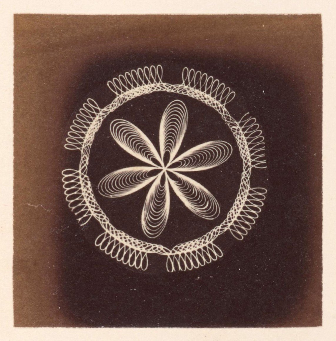 A complex white geometric pattern resembling a flower with six petals, surrounded by a series of interconnected loops on a black background.