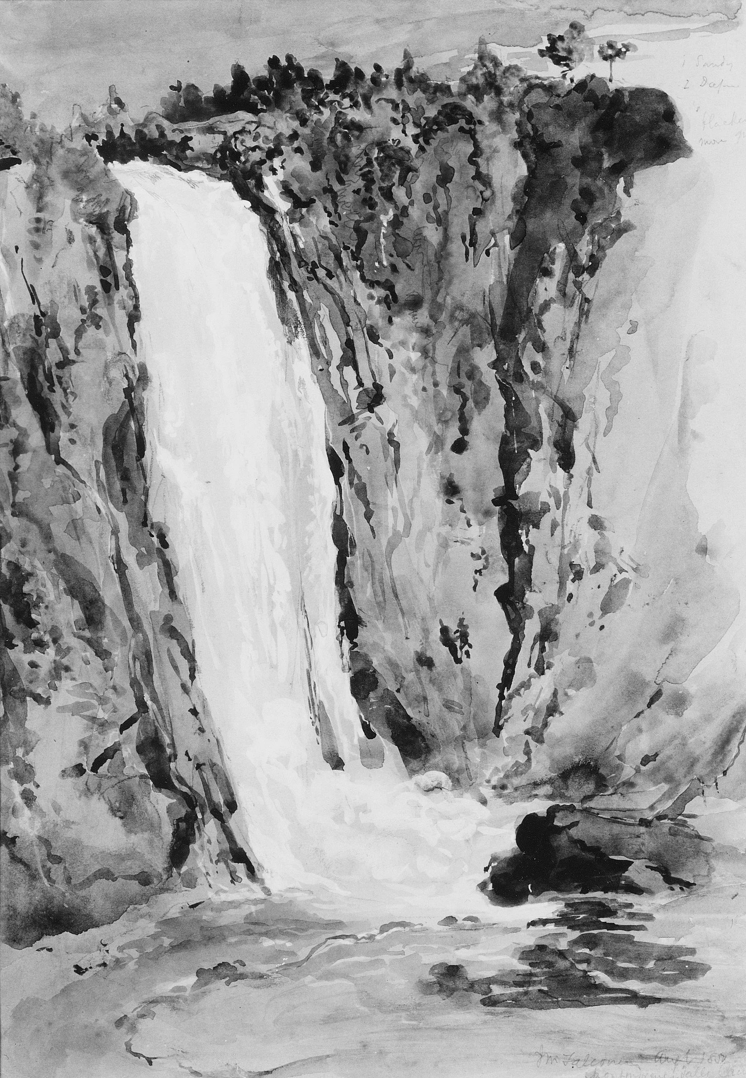 A monochromatic watercolor painting of a waterfall cascading down rocks into a pool below, with a silhouetted figure sitting near the water's edge.