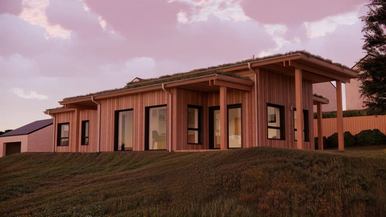 Modern MAKAR timber house with larch cladding, large glass doors, and a green roof, situated on a grassy hill at sunset.
