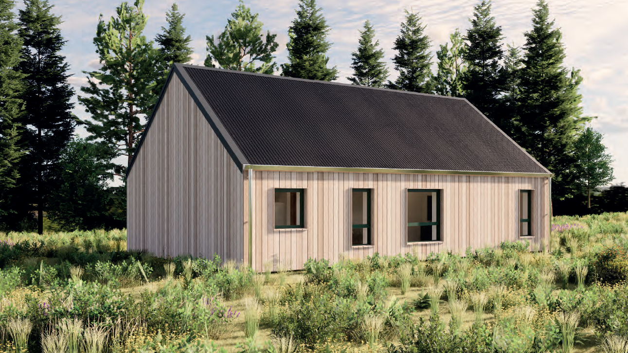 A timber MAKAR home with a black roof surrounded by green grass and trees.